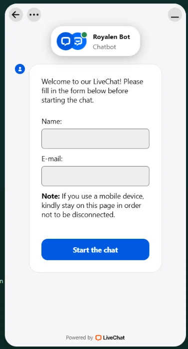 Royalen Casino chatbot livechat formulier met naam- en e-mailvelden