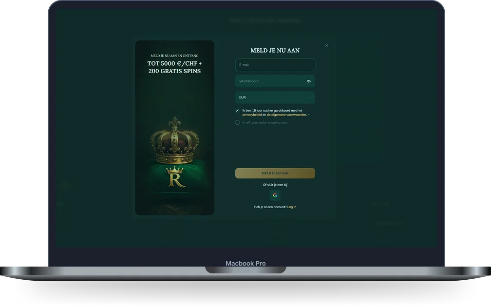Royalen Casino desktop registratiepagina met welkomstbonus en aanmeldformulier
