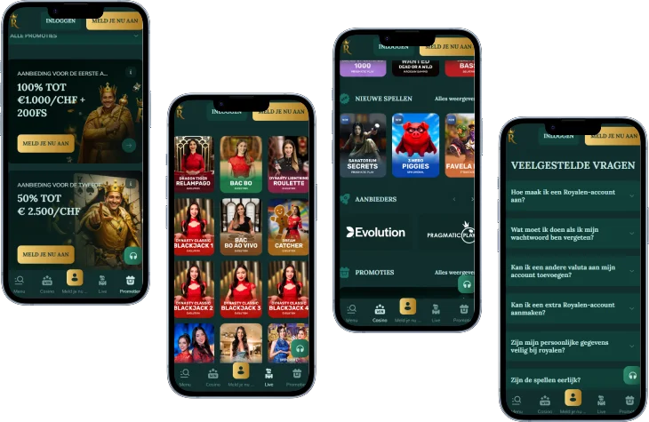 Royalen Casino mobiele versie met bonussen, casinospellen en veelgestelde vragen